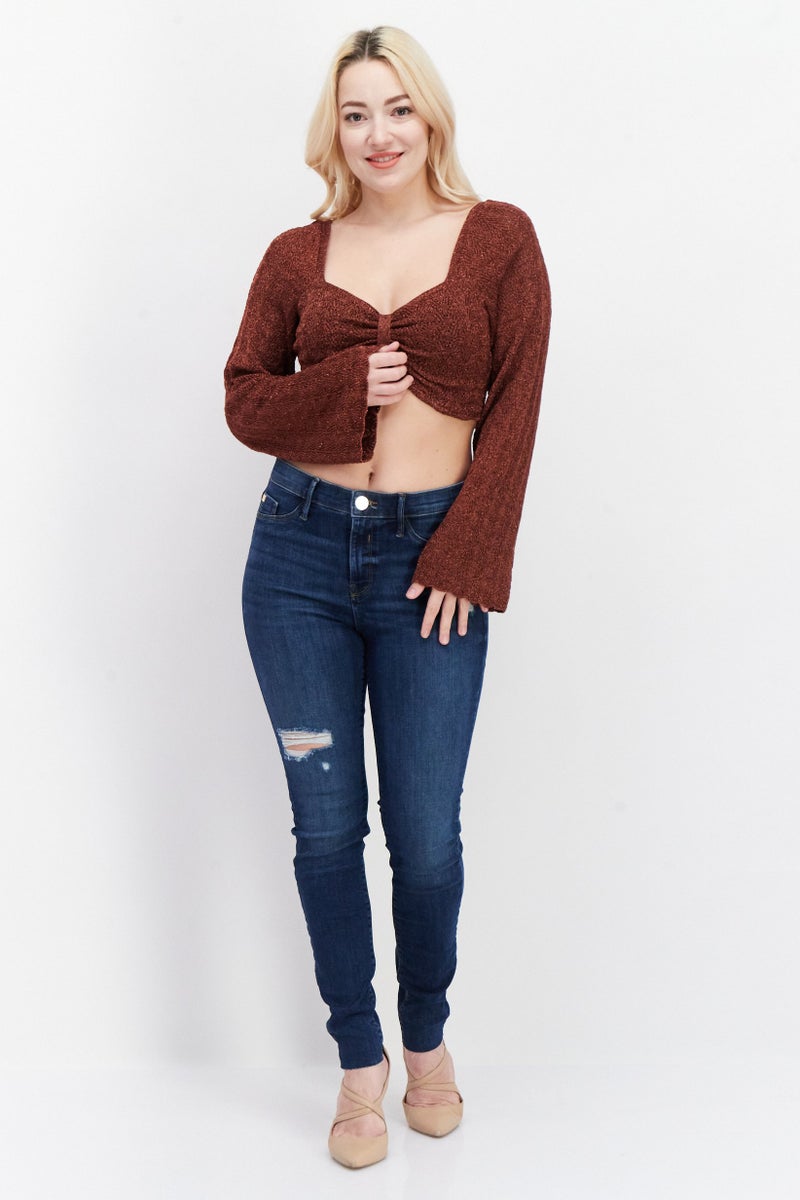 RIVER ISLAND Women Diamond Neck Long Sleeve Textured Top, Rust - Image 4